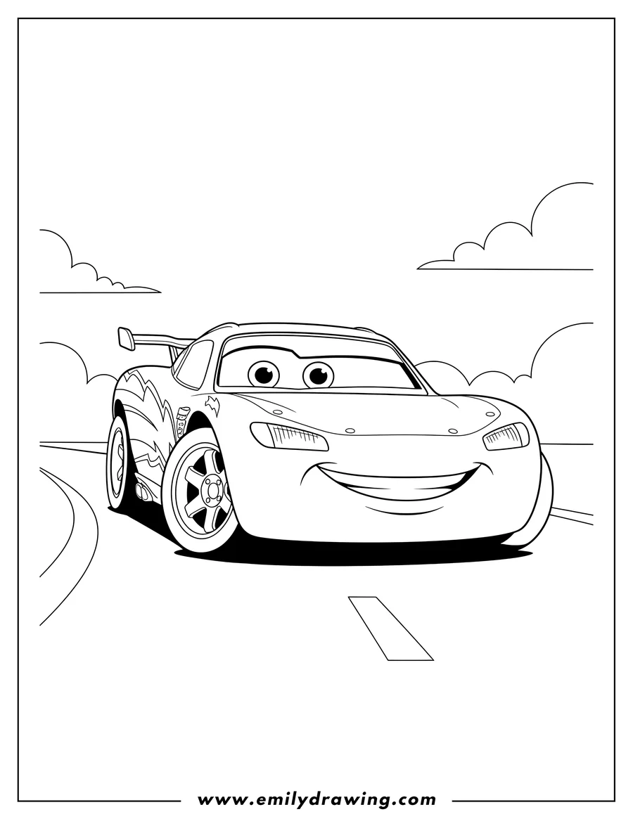 Doodle style coloring picture of cars Cruz Ramirez smiling and looking forward