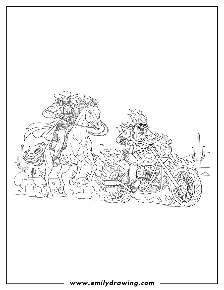 Free printable coloring sheet of carter Slade on a flaming horse chasing Ghost Rider on a flaming motorcycle