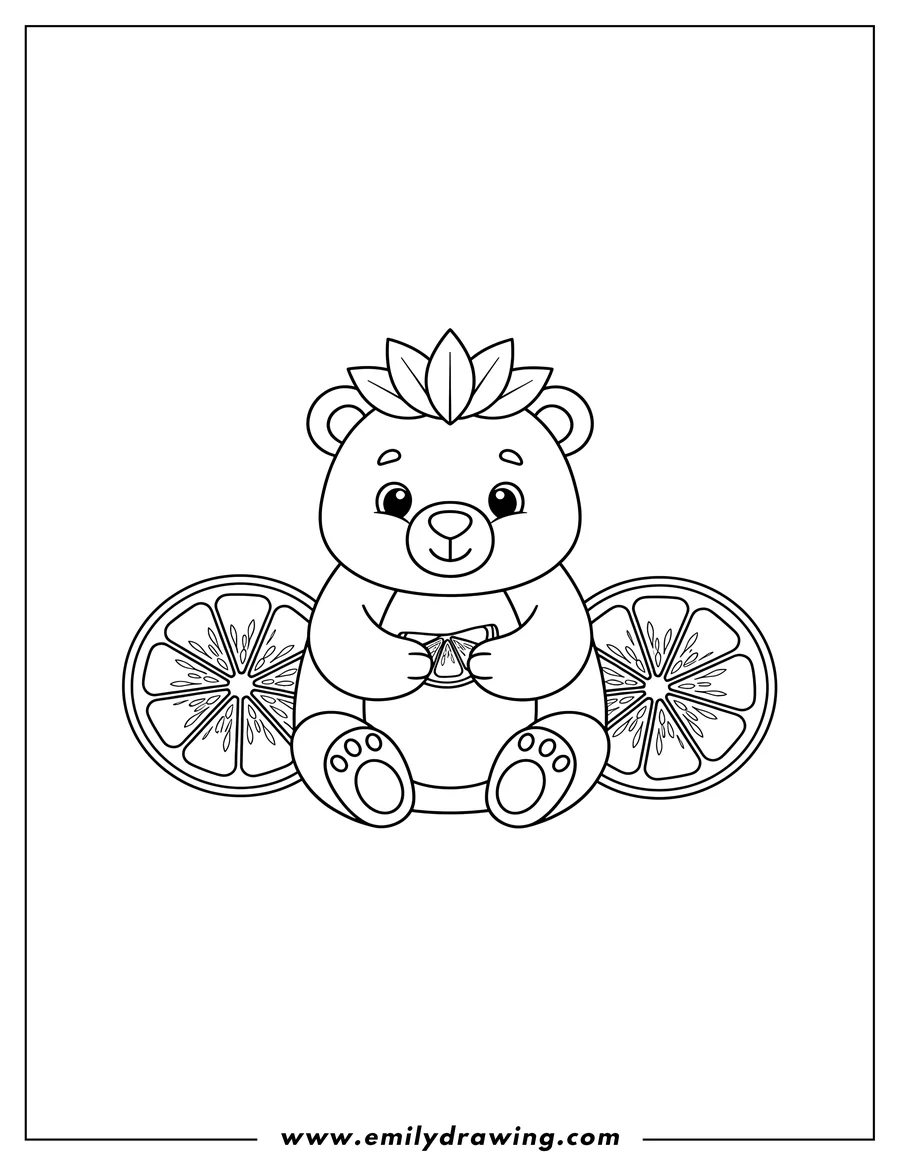 Coloring page of cartoon bear with leaves on its head, holding a small orange segment, flanked by large orange slices