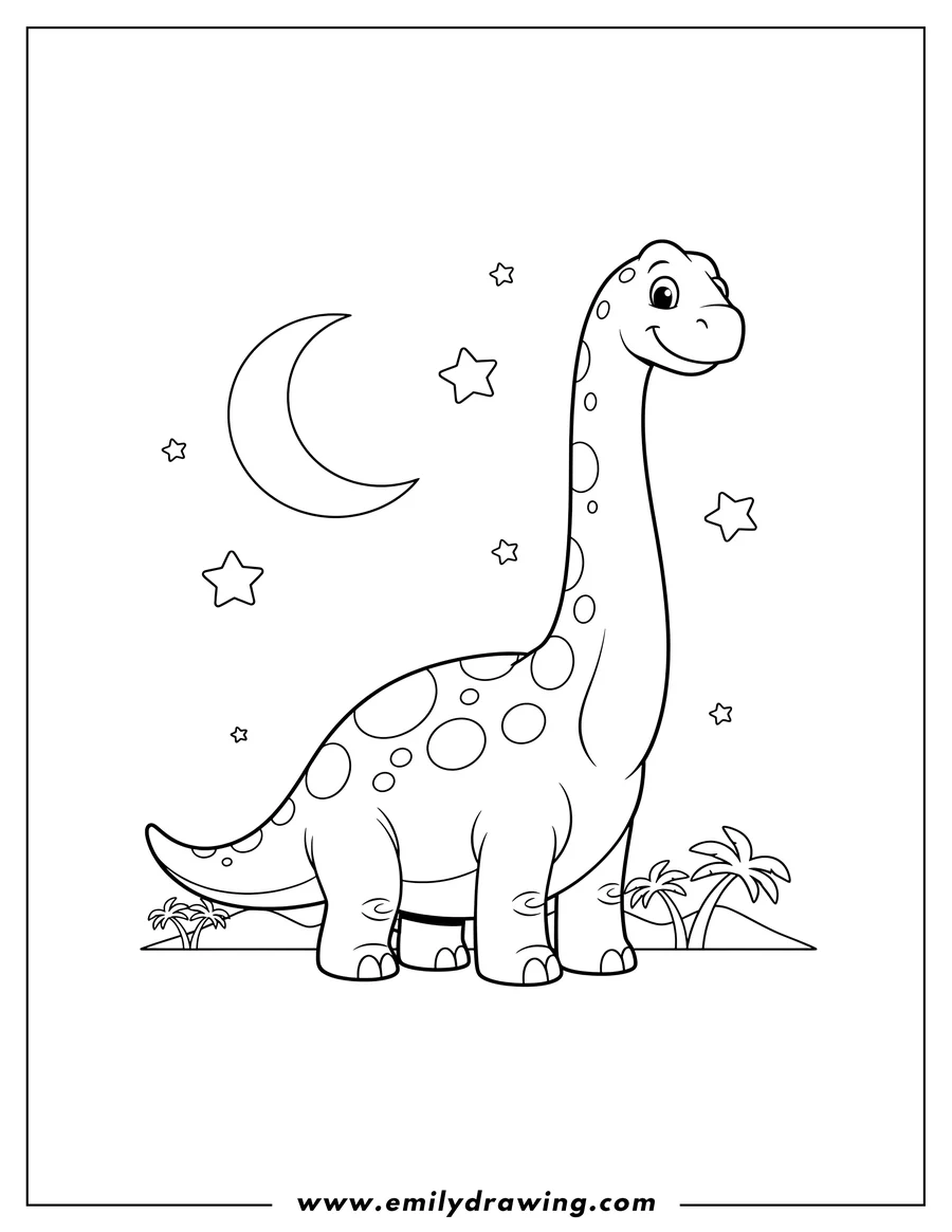 Vector style outline of A cartoon Brachiosaurus standing with spots at night