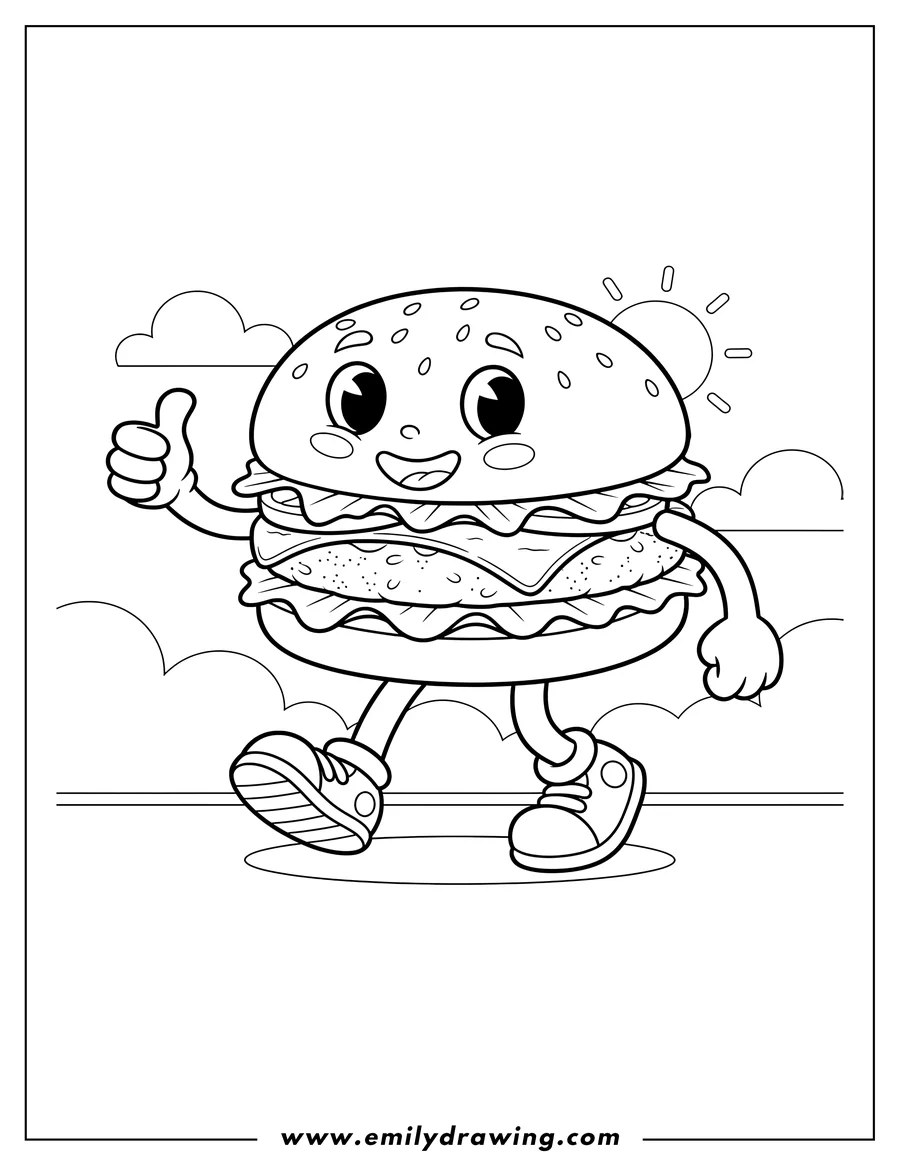 Outline drawing of refined Scene: Cartoon Burger Walking, happy face, giving a thumbs-up