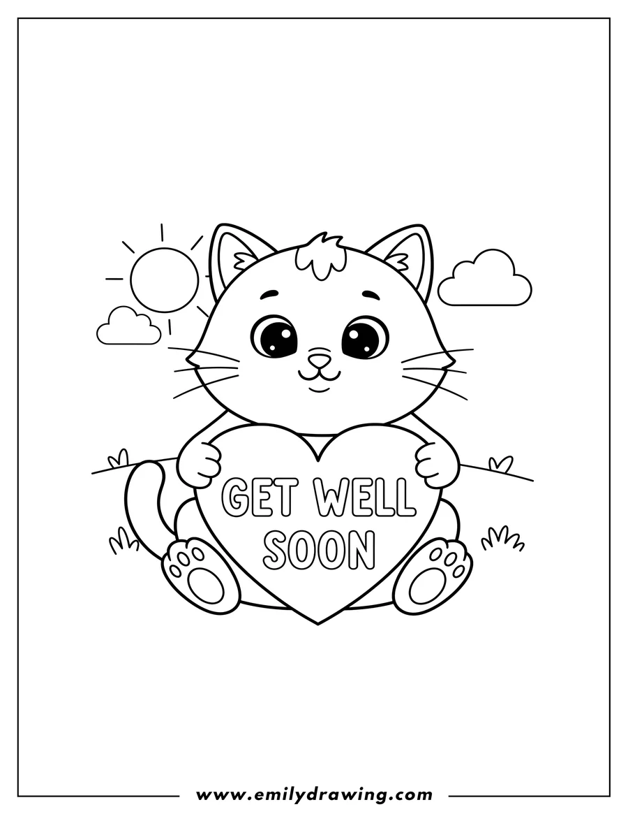 Doodle style coloring picture of cute cartoon Cat holding heart outline with 'Get well soon' lettering Preschoolers