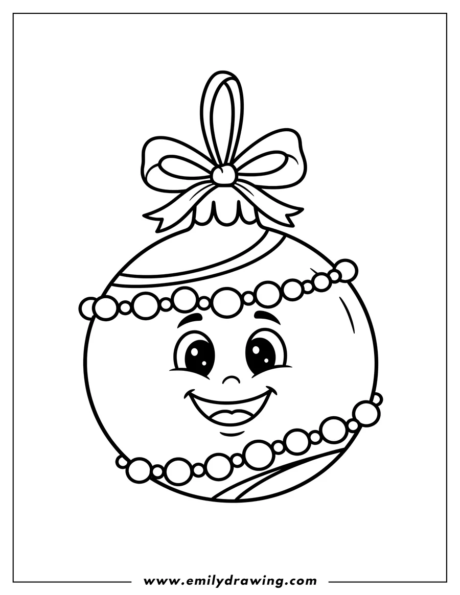 Clean line drawing: cartoon Christmas Tree Ornament with a happy face and bead garland