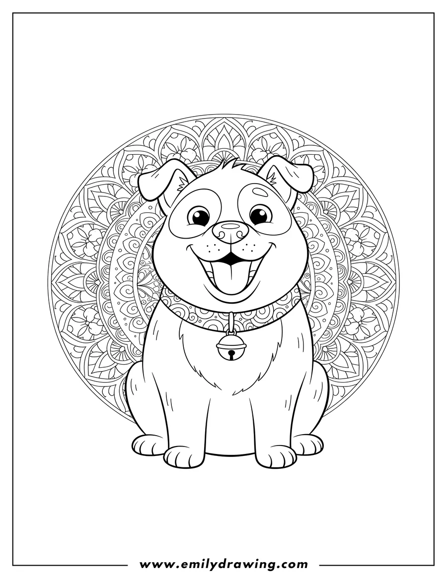 Simple sketch of cartoon Dog With Mandala, sitting, smiling, wearing a collar with a bell to color