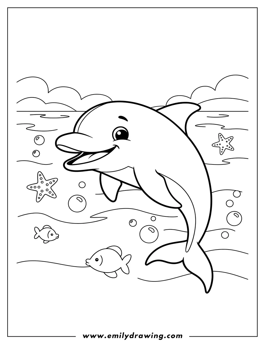 Downloadable coloring page of cartoon Dolphin Swimming Ocean To Color Scaled, smiling