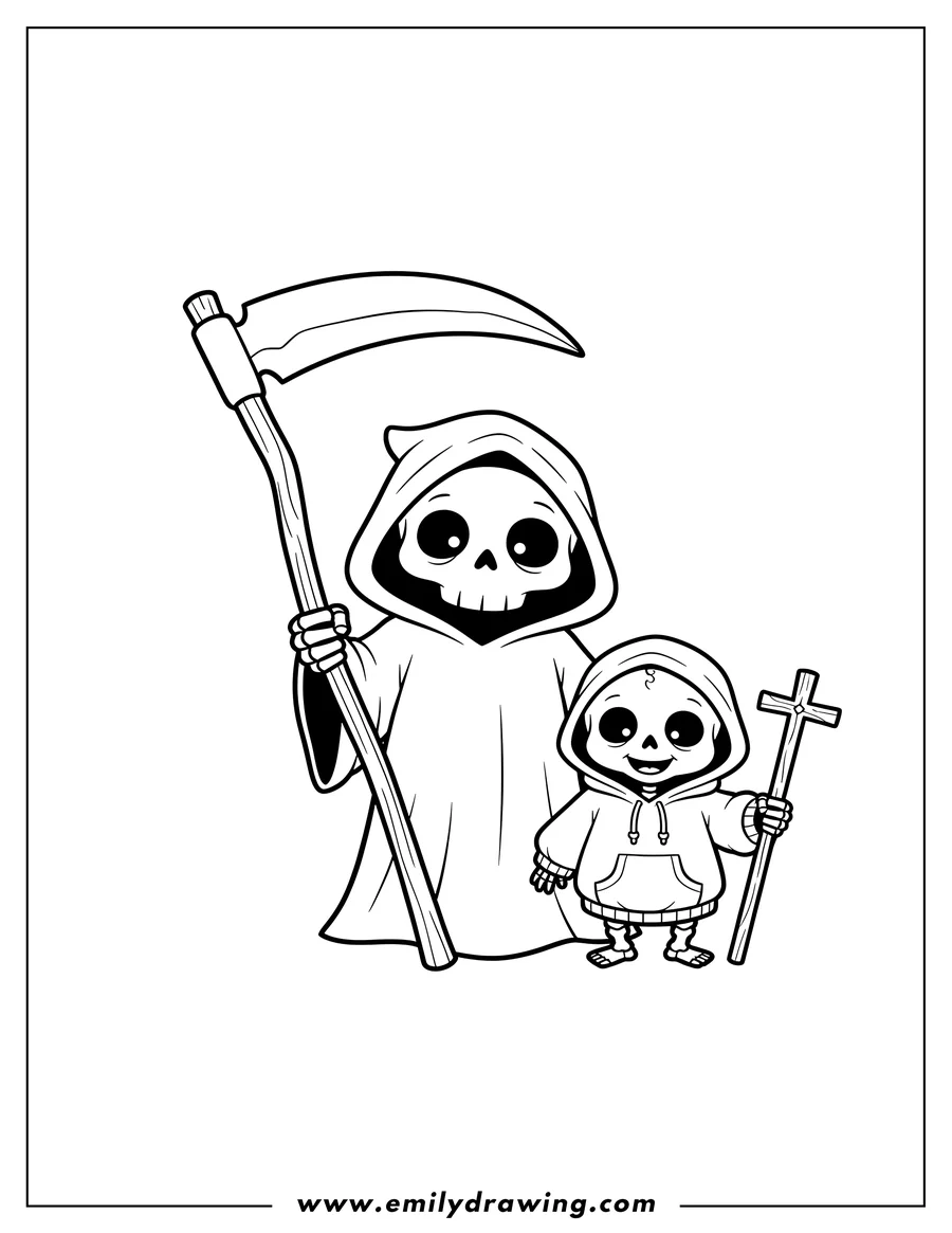 Outline drawing of cartoon Grim Reaper holding a large scythe, standing with a smiling skeleton baby in a hoodie holding a cross staff