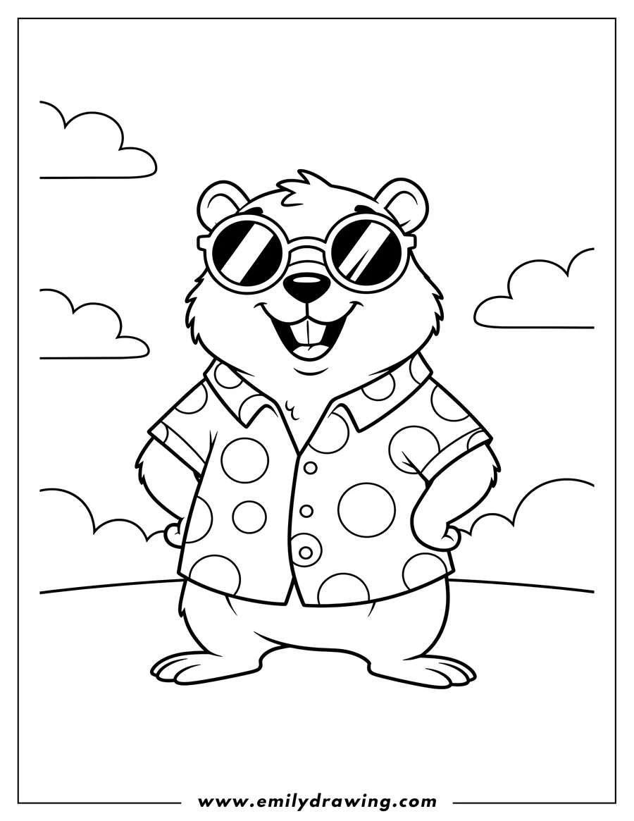 Downloadable coloring page of cartoon Groundhog Wearing Button Down And Sunglasses, standing up and smiling happily