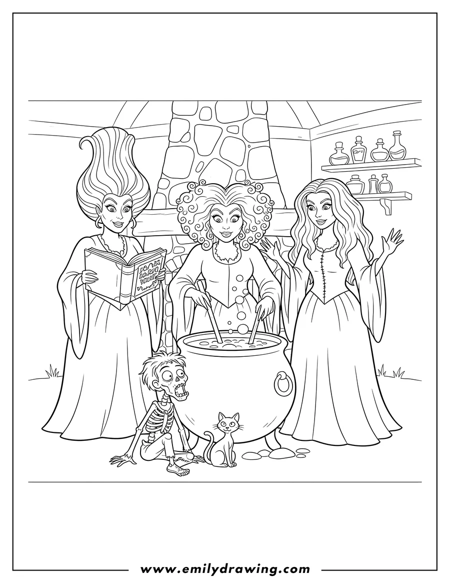 Free to print drawing of cartoon Hocus Pocus Witches stirring a bubbling cauldron and holding a spellbook, with Billy Butcherson sitting and Thackery Binx the cat