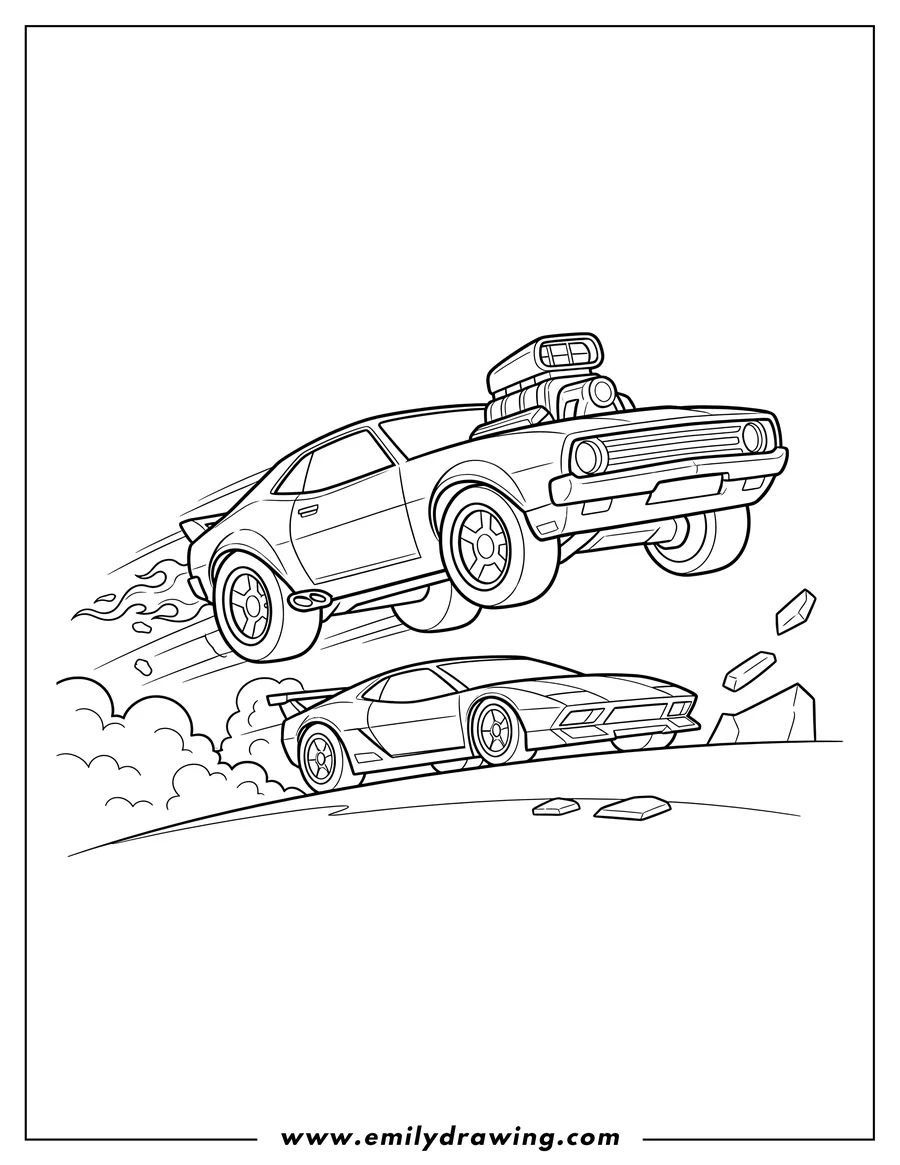 Free to print drawing of cartoon Hot Wheels, a supercharged car jumping over another car, with flames and smoke