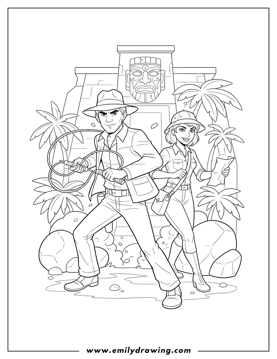 Black and white line art of cartoon Indiana Jones fighting with his whip, with a determined expression, alongside a female companion