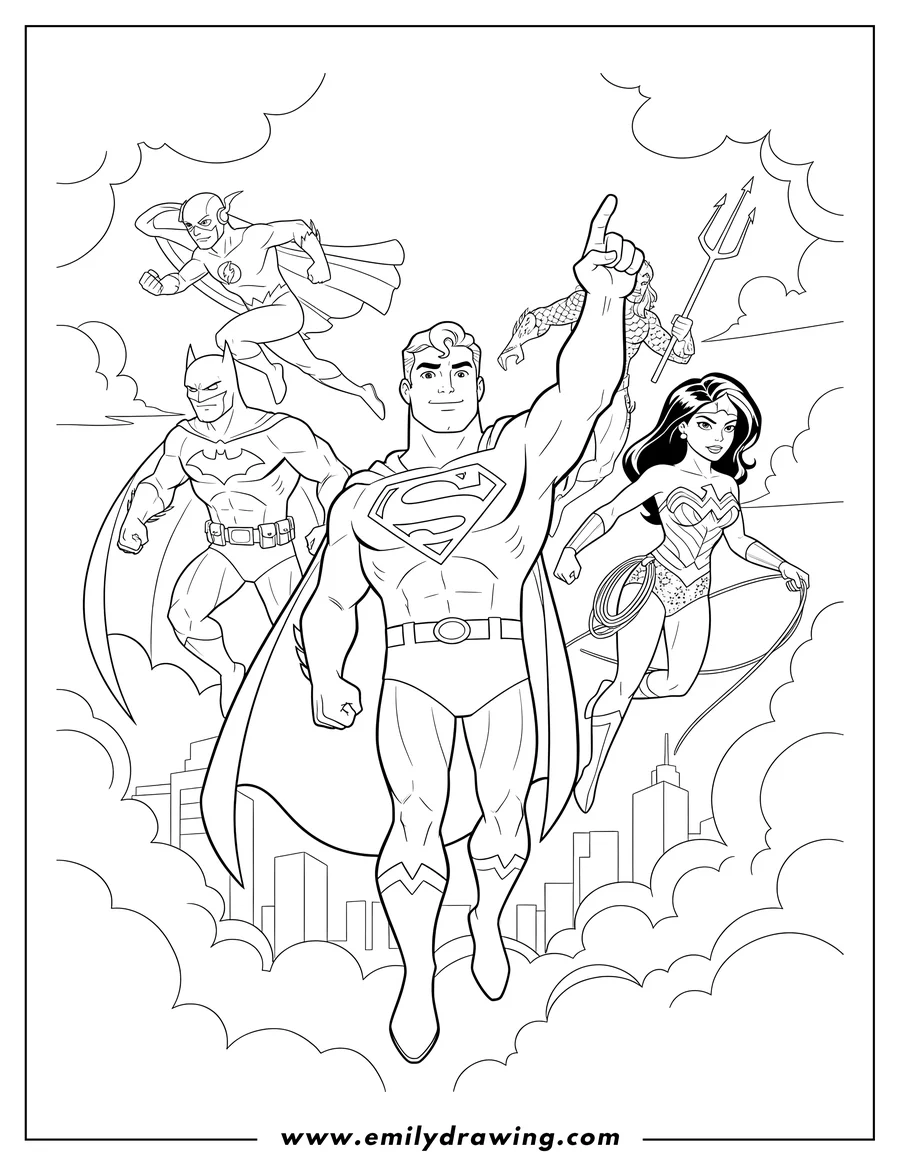 Coloring sheet featuring cartooon Justice League heroes including Superman, Batman, and Wonder Woman, standing and flying together