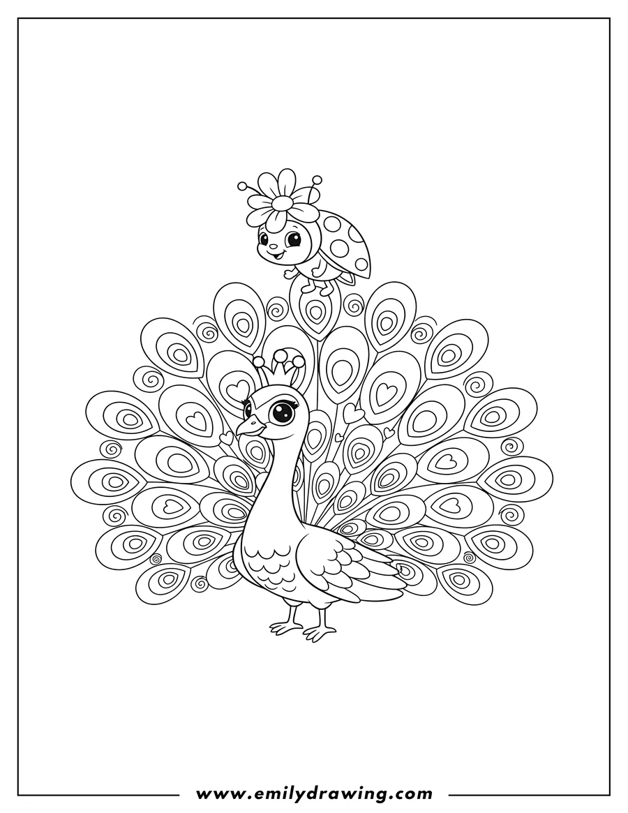 Printable coloring page of cartoon Ladybug Sitting On Cute Peacock With Flower Hat And Stylized Tail Feathers