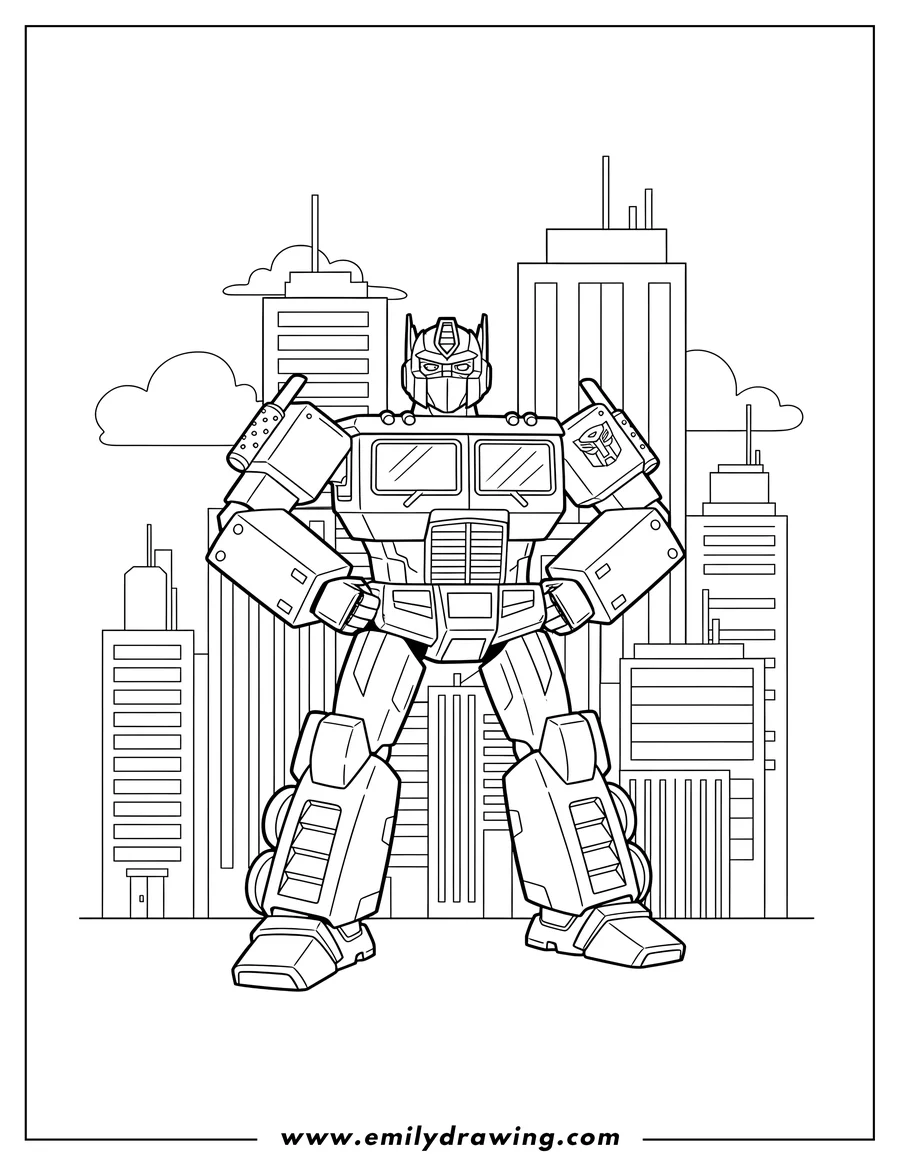 Printable line art of cartoon Optimus Prime standing with hands on hips in a city