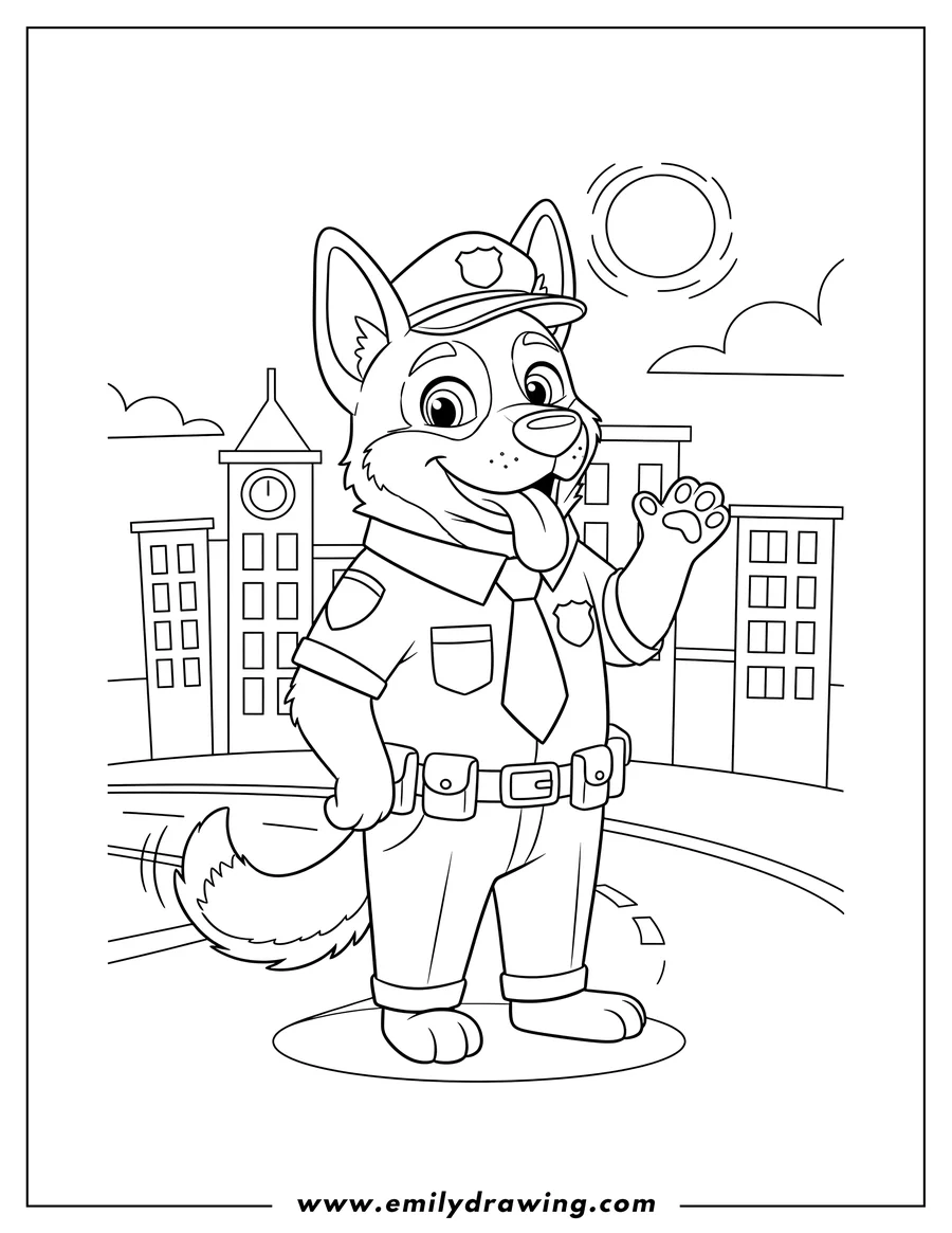 Coloring page for kids: cartoon Police German Shepherd in full uniform, standing with tongue out, patrolling the city