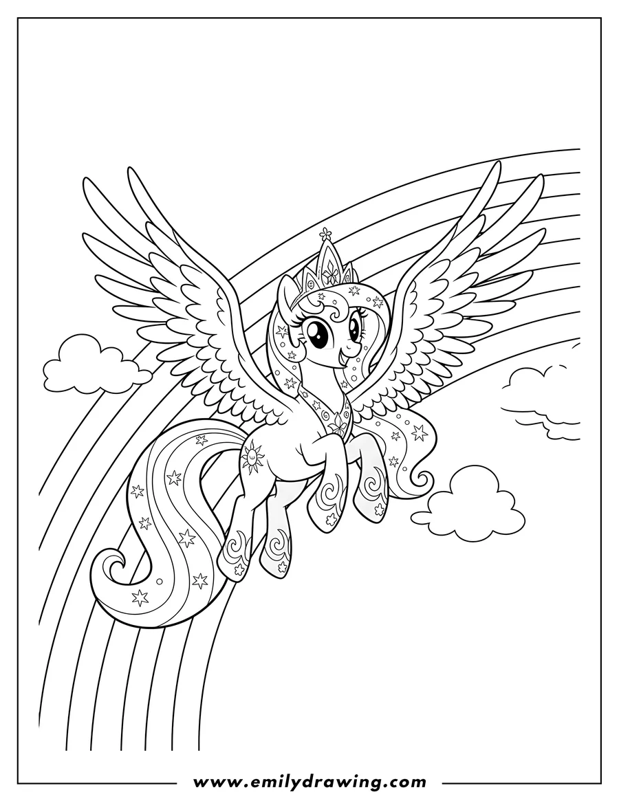 Free printable coloring sheet of cartoon Princess Celestia Flying, smiling with wings spread in front of a rainbow