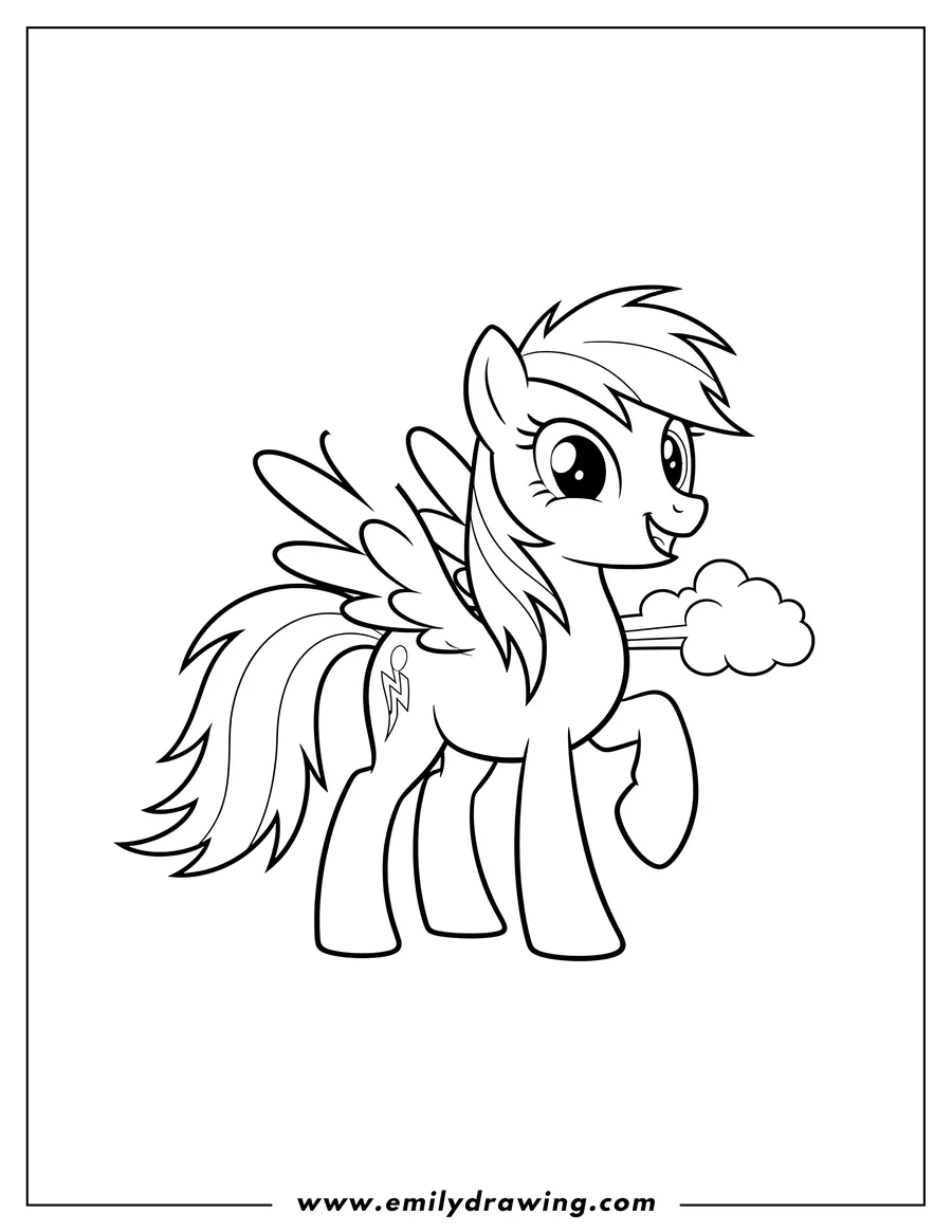 Printable line art of cartoon Rainbow Dash, a smiling pegasus, showing her cutie mark