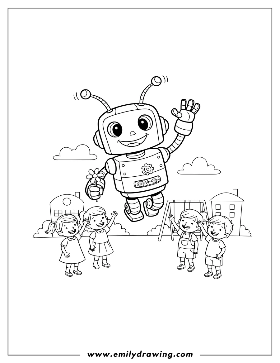 PDF style coloring page: cartoon Robot Smiling And Waving Preschoolers, floating with antennas