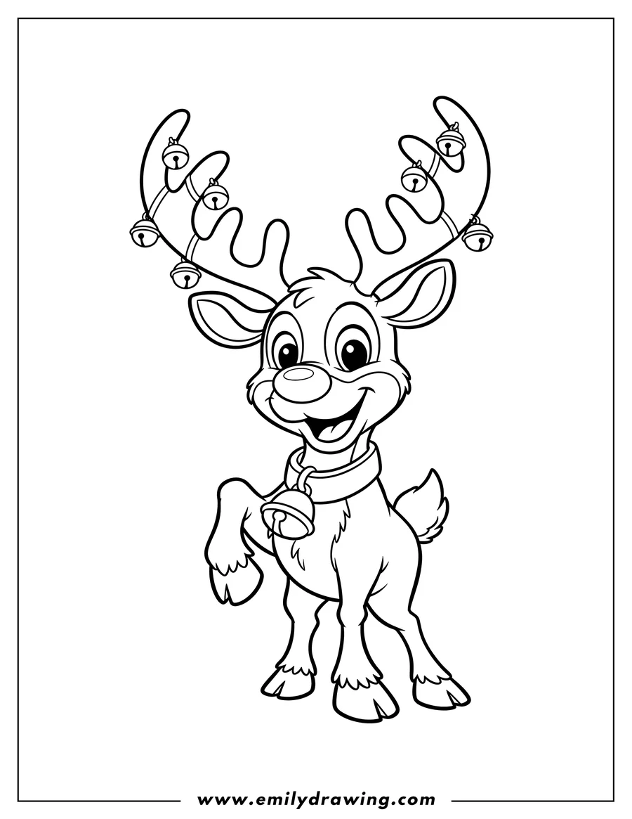 Black and white line art of cartoon Rudolph with antlers, smiling, and bells over his head