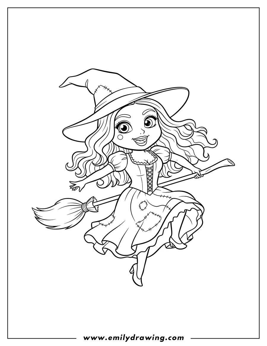 Linear illustration of cartoon Sarah Sanderson Hocus Pocus, chibi, smiling, and dancing