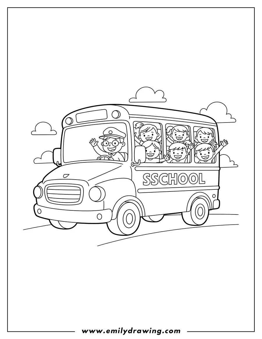 Simple sketch of cartoon School Bus with smiling students and driver looking out windows, and 'SCHOOL' written on its side to color