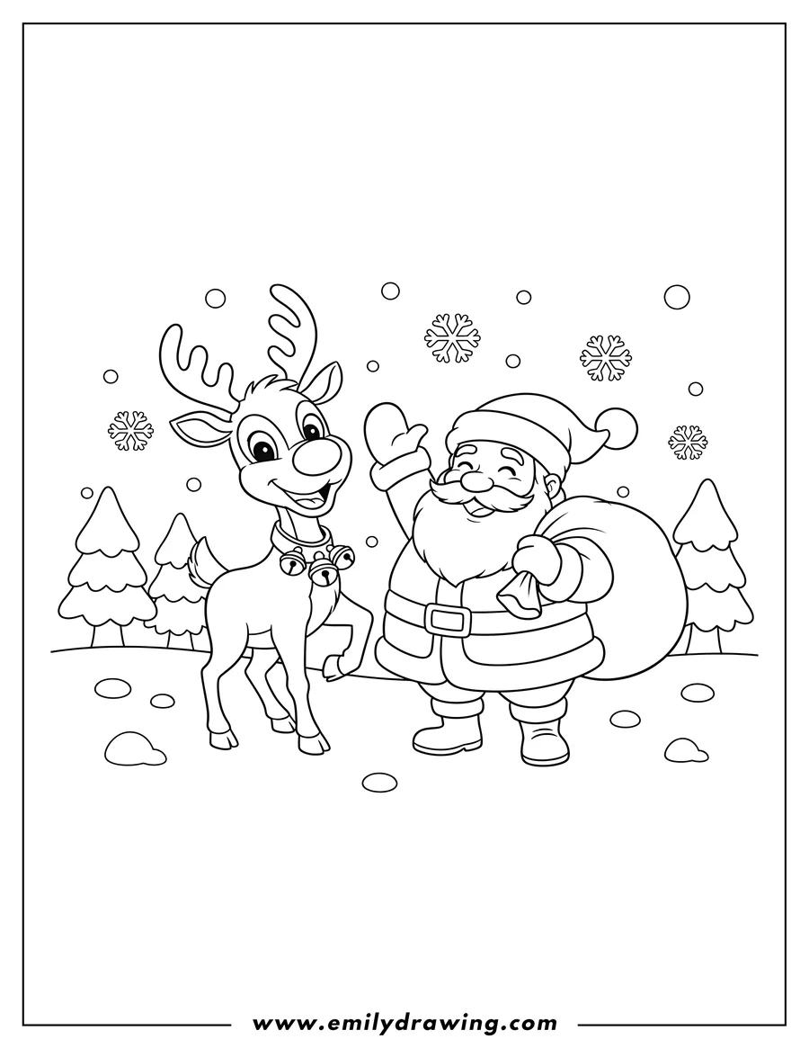 Coloring page of cartoon smiling Rudolph with a red nose lifting a leg, and Santa Claus waving in the snow