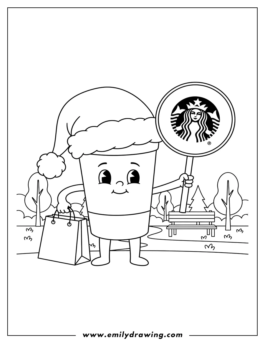 Free to print drawing of cartoon Starbucks Cup wearing a Santa Hat, standing in a park, holding a Starbucks shopping bag and a large Starbucks logo sign