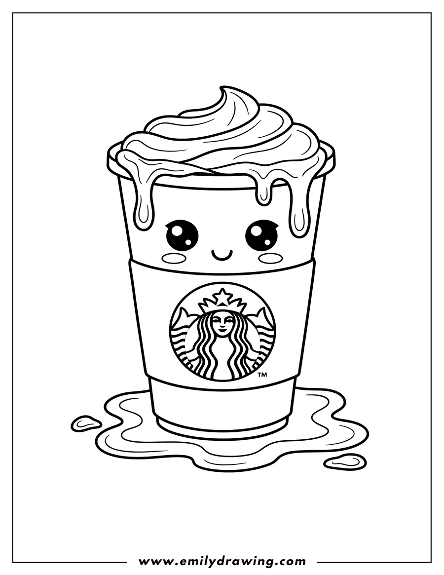 Outline drawing of cartoon Starbucks cup with a kawaii face and Starbucks logo on its sleeve, with drink spilling over