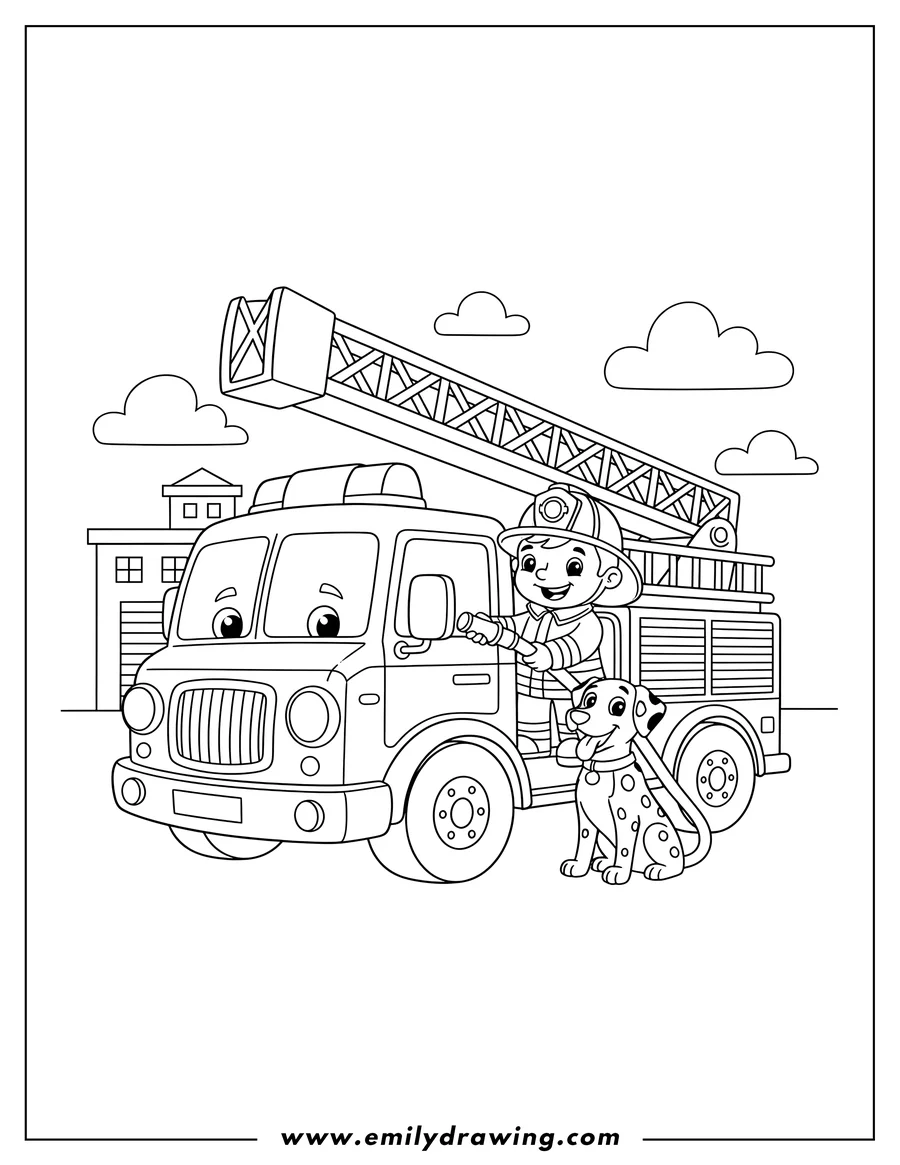 Free printable coloring sheet of cartoon Style Fire Truck With Firefighter And Dalmatian Scaled, with the firefighter holding a hose and a spotted dalmatian