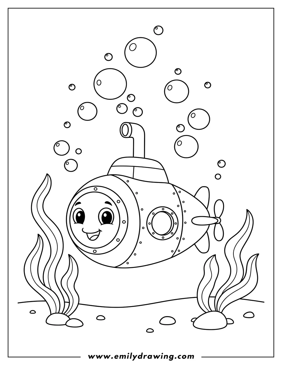 Coloring page of cartoon Submarine Under Sea, with bubbles and seaweed