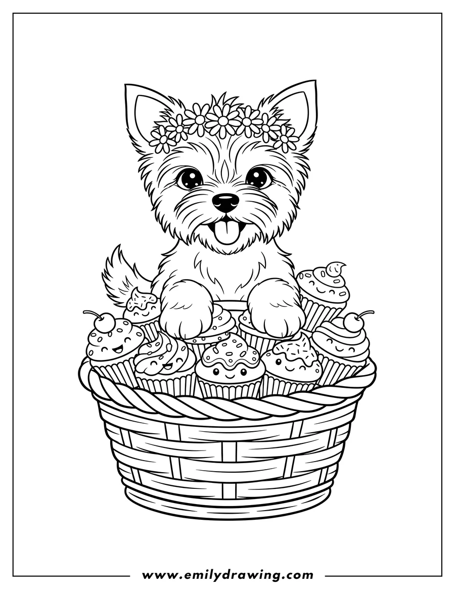 Printable coloring page of cartoon Yorkie Puppy With Flower Crown sitting in a basket with cupcakes