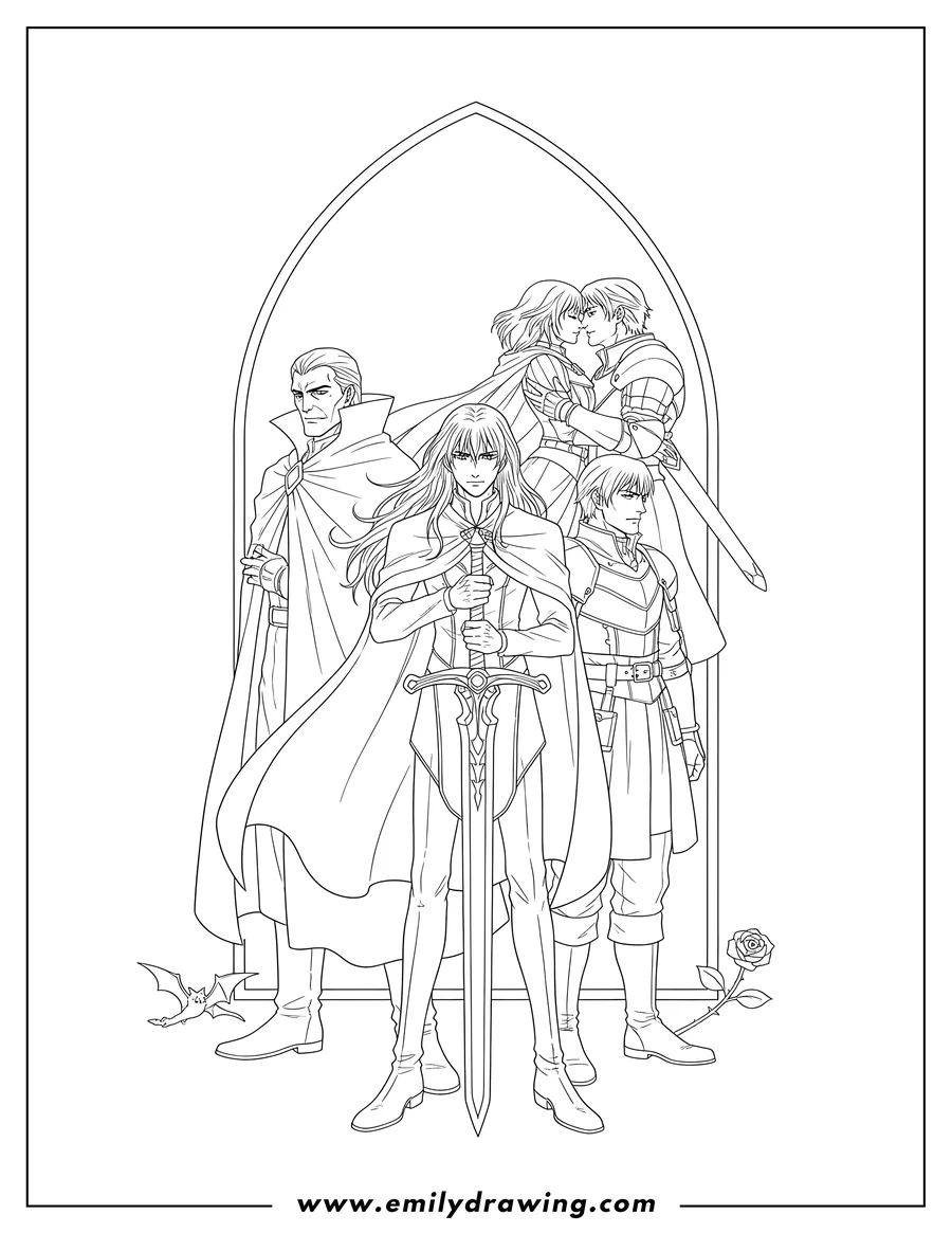 Coloring sheet featuring castlevania Anime with Alucard holding a sword, Dracula, and other characters, including an embrace