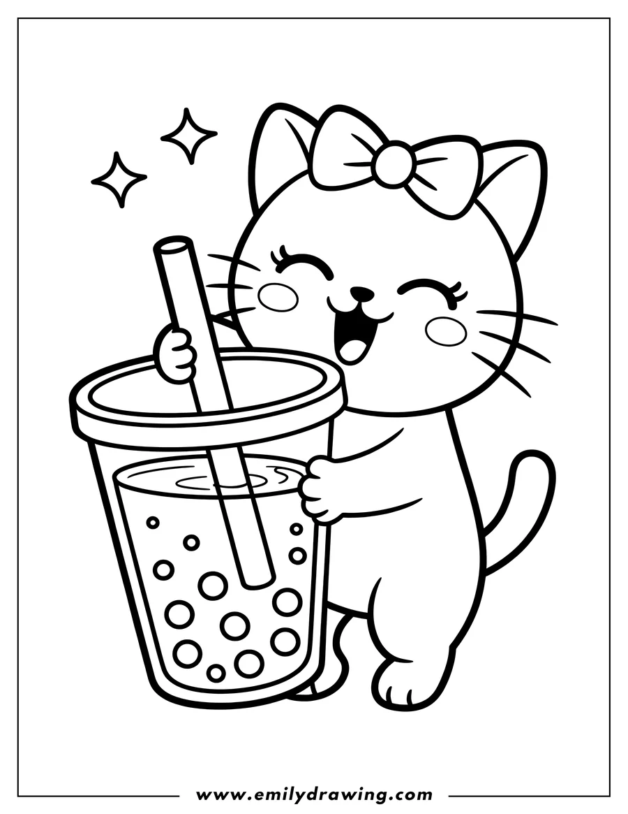 Outline of a cheerful cartoon cat with a bow on its head, happily holding a large cup of boba tea with a straw.