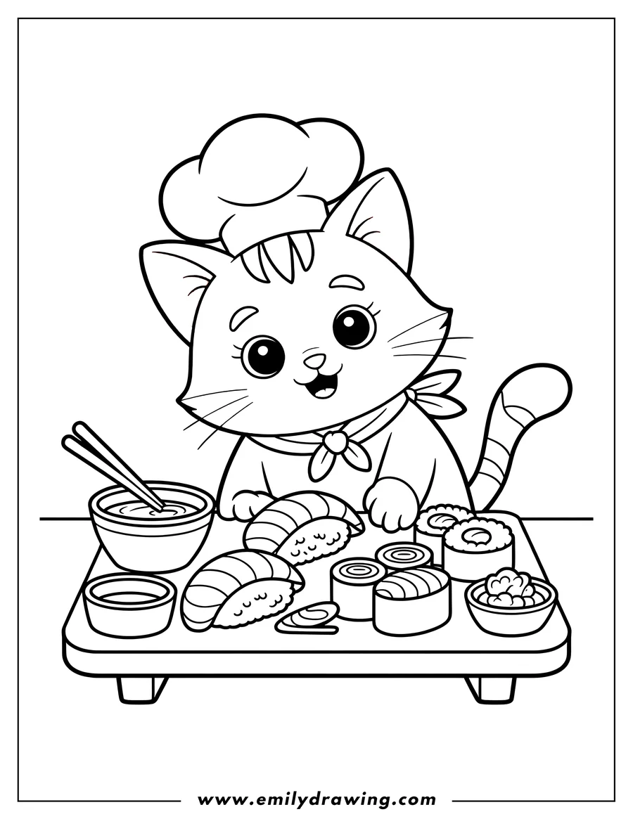 Outline of a cartoon cat wearing a chef hat and bandana, standing behind a wooden tray filled with various types of sushi, a bowl of sauce with chopsticks, and another small bowl.