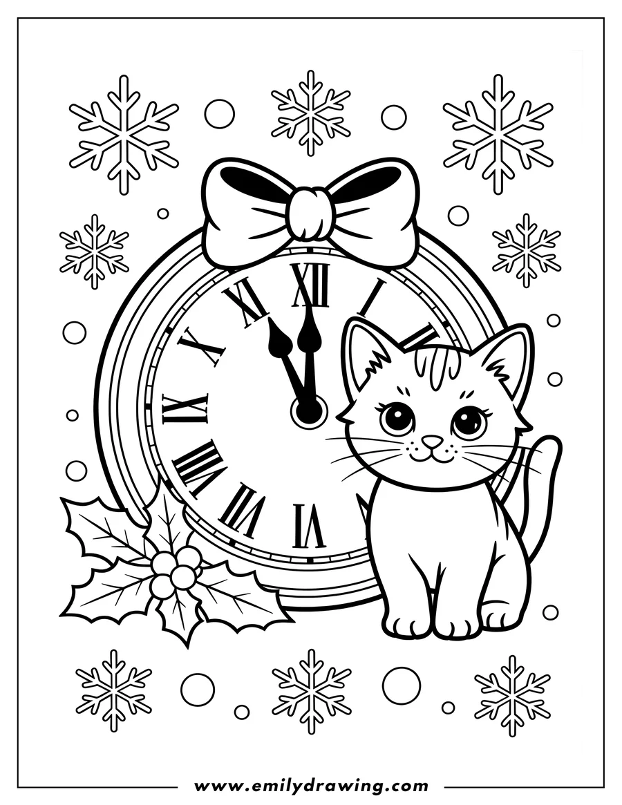 Line art of a cute cat sitting next to a large clock with Roman numerals, decorated with a bow and holly leaves with berries, surrounded by snowflakes.