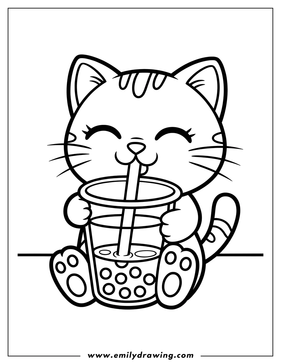 Outline of a cheerful cartoon cat with closed eyes, sitting and holding a cup of boba tea with a straw.