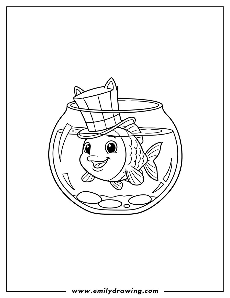 Coloring sheet featuring cat Hat Fish peeking out of a fishbowl