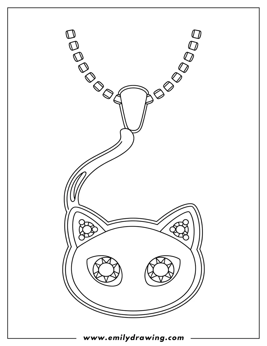 Outline of a necklace featuring a cat head pendant with diamond-like designs in its eyes and ears, hanging from a beaded chain.
