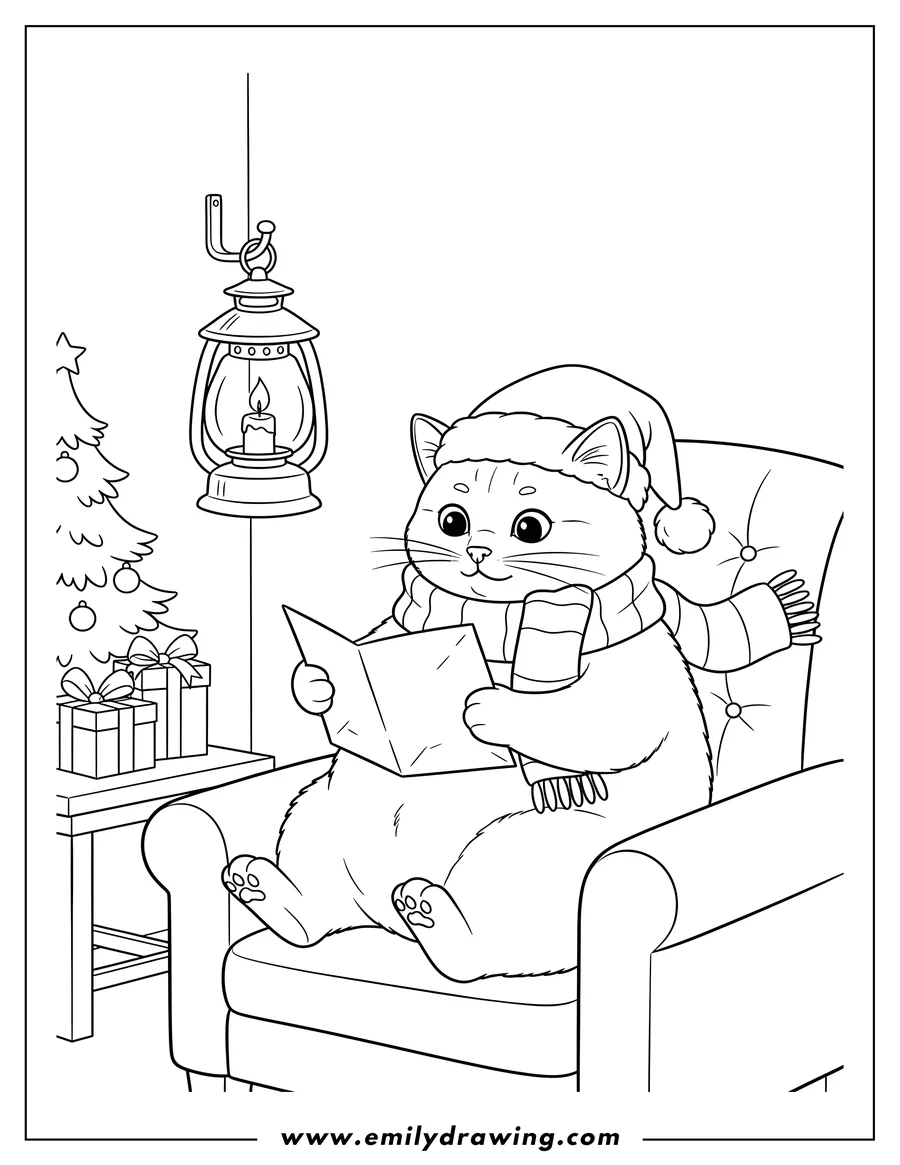 Downloadable coloring page of cat in Santa hat and striped scarf reading a letter by lantern light