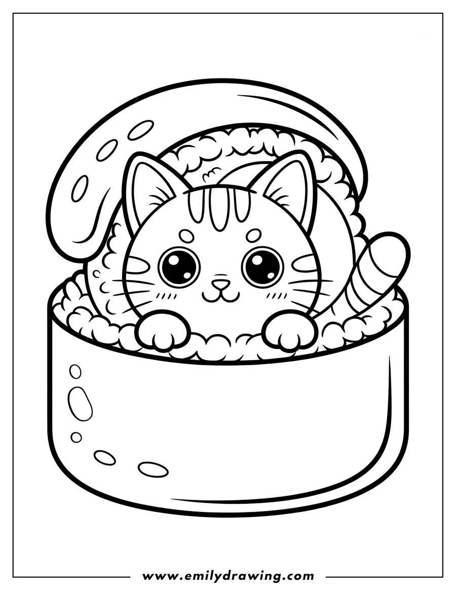 Line art of a cartoon cat peeking out from a large sushi roll with a piece of what looks like octopus on top.