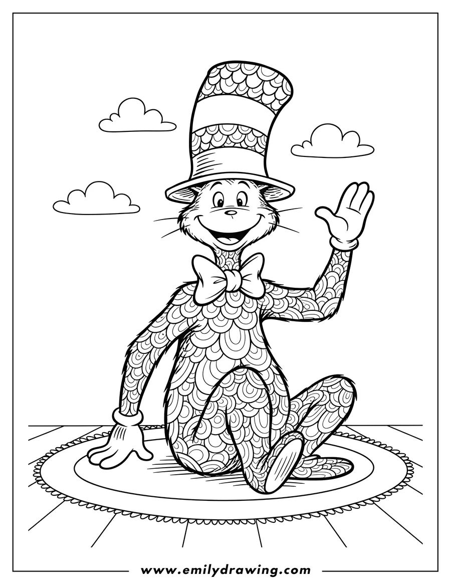 Coloring page for kids: 17 Scaled, Cat in the Hat, sitting and waving