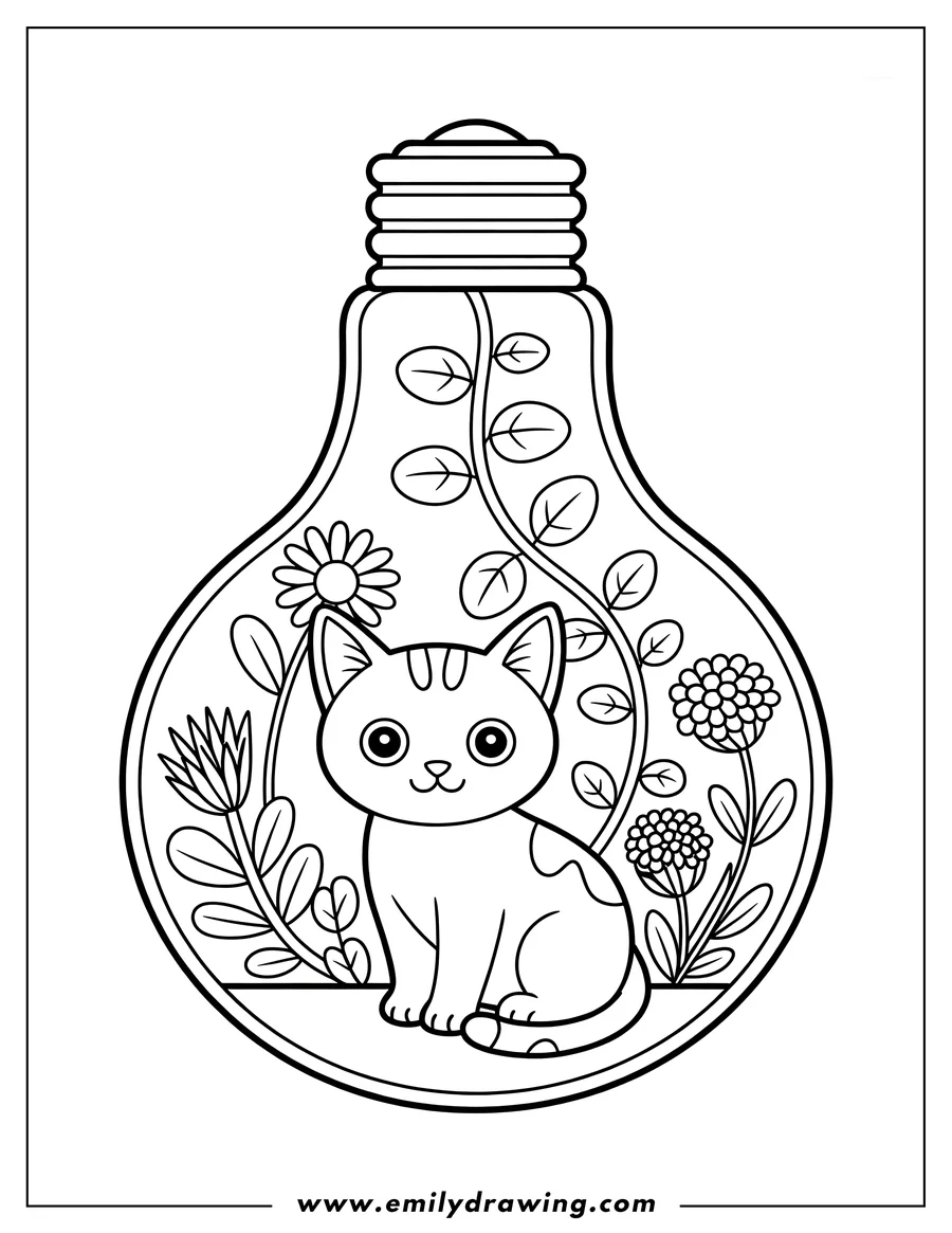 Line art of a cute cat sitting inside a lightbulb terrarium filled with various plants and flowers.