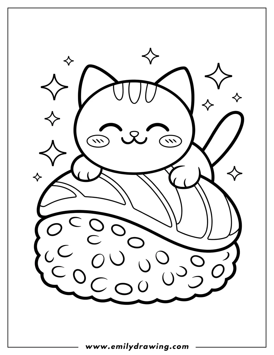 Outline of a happy cat sitting on a large sushi roll, with sparkles around it.