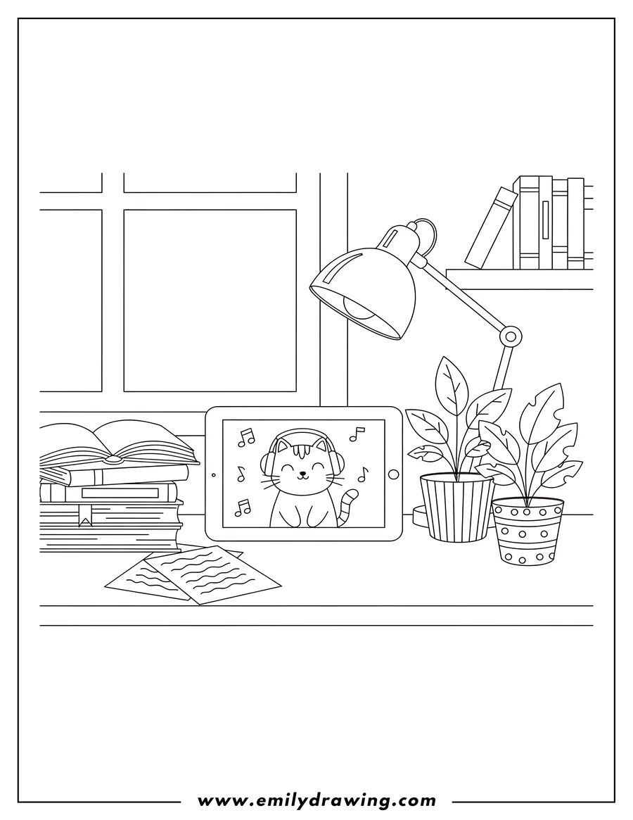 Line art of a cat character with headphones on a tablet screen, surrounded by stacks of books, a desk lamp, and potted plants.