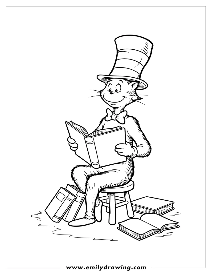 Downloadable coloring page of cat in the Hat sitting and reading a book, surrounded by three other books