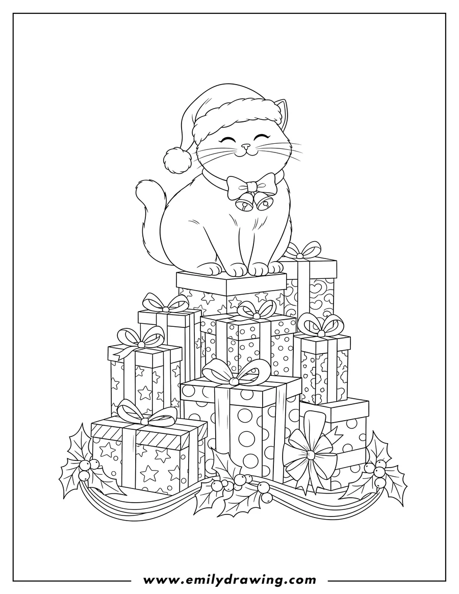 Coloring page for kids: christmas Cat wearing a Santa Hat and Collar, sitting on Stacked Presents, with Holly Garland