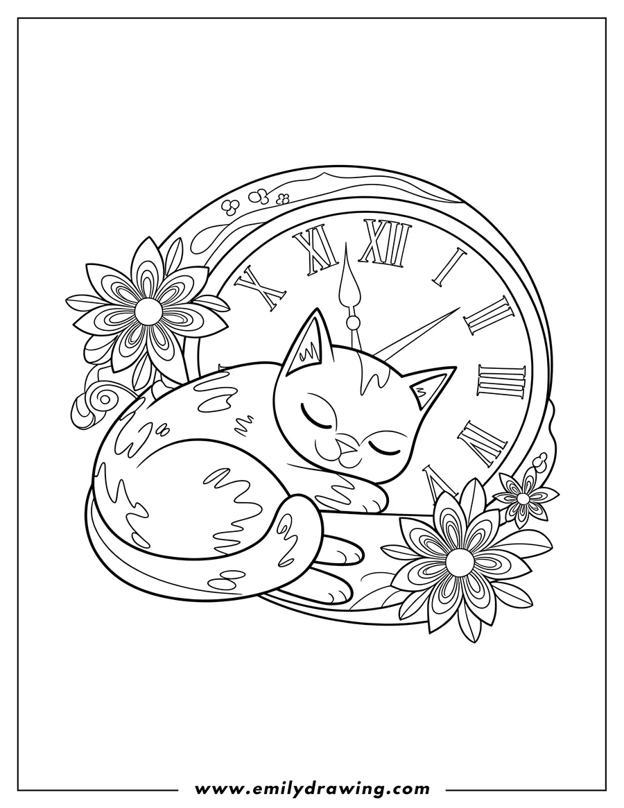 Line art of a cute cat sleeping soundly, curled up on a large decorative clock face with Roman numerals, surrounded by blooming flowers.