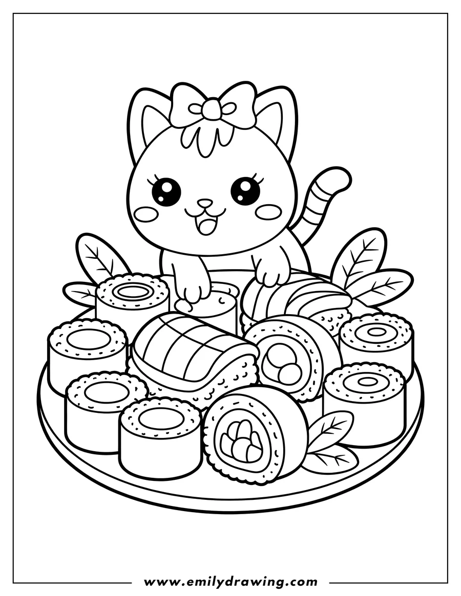 Outline of a cute cartoon cat with a bow on its head, sitting behind a platter full of various sushi rolls and pieces.