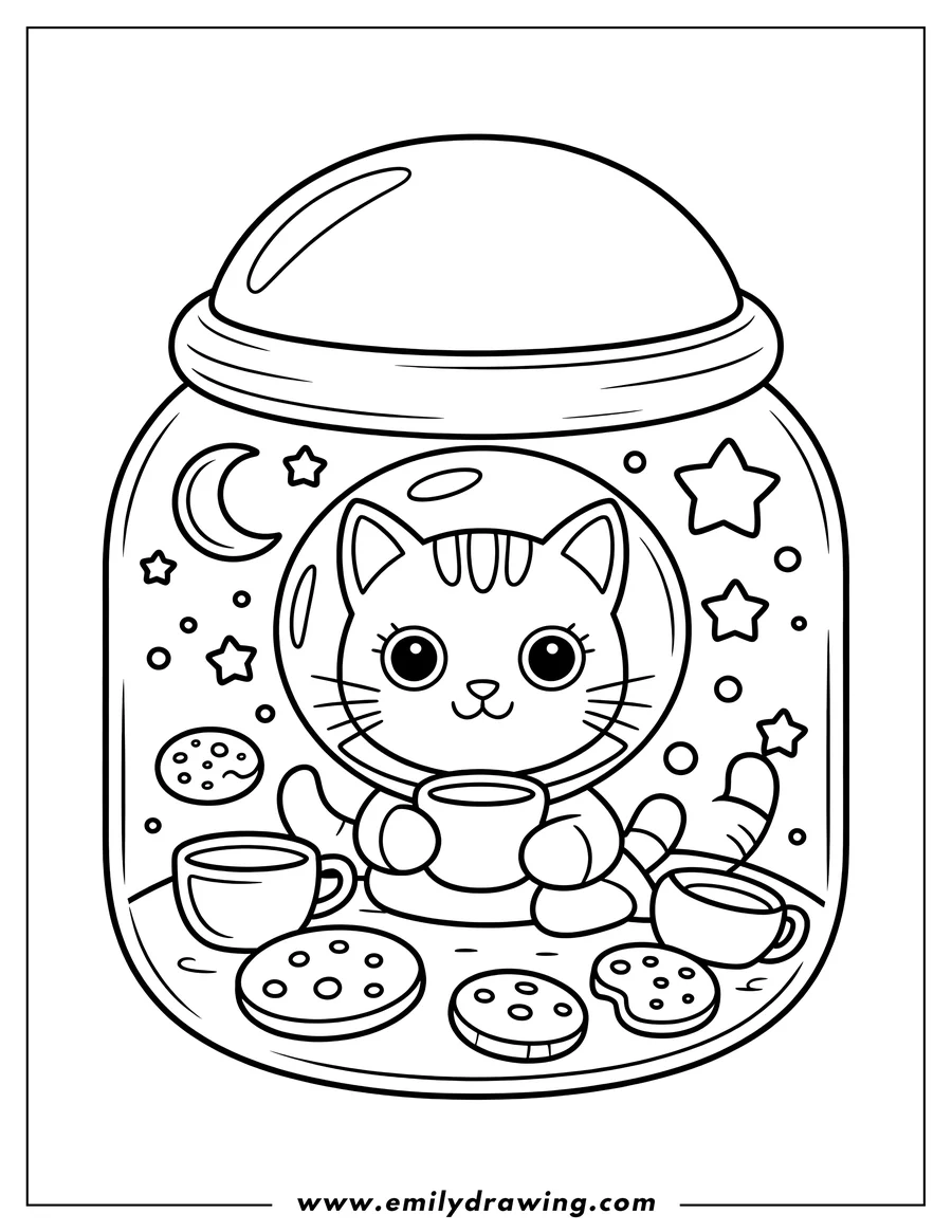 Line art of a cat wearing an astronaut helmet inside a terrarium, surrounded by cookies, teacups, stars, and a crescent moon.