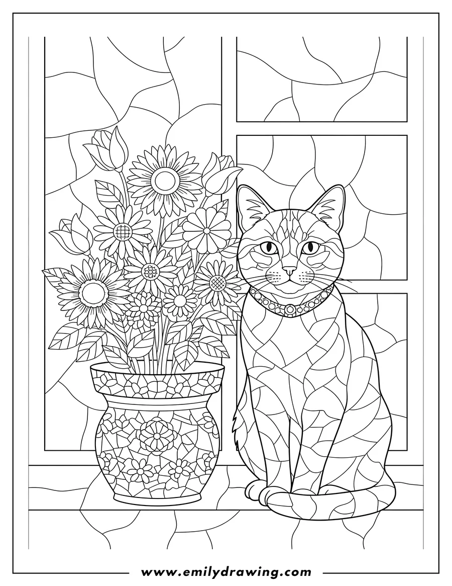 Printable coloring page of A cat wearing a collar, sitting beside a potted plant with flowers, mosaic coloring page
