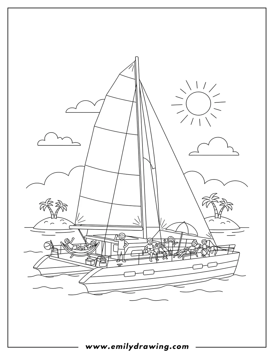 Coloring page for kids: catamaran Yacht With Sails and people relaxing on deck To Color Scaled